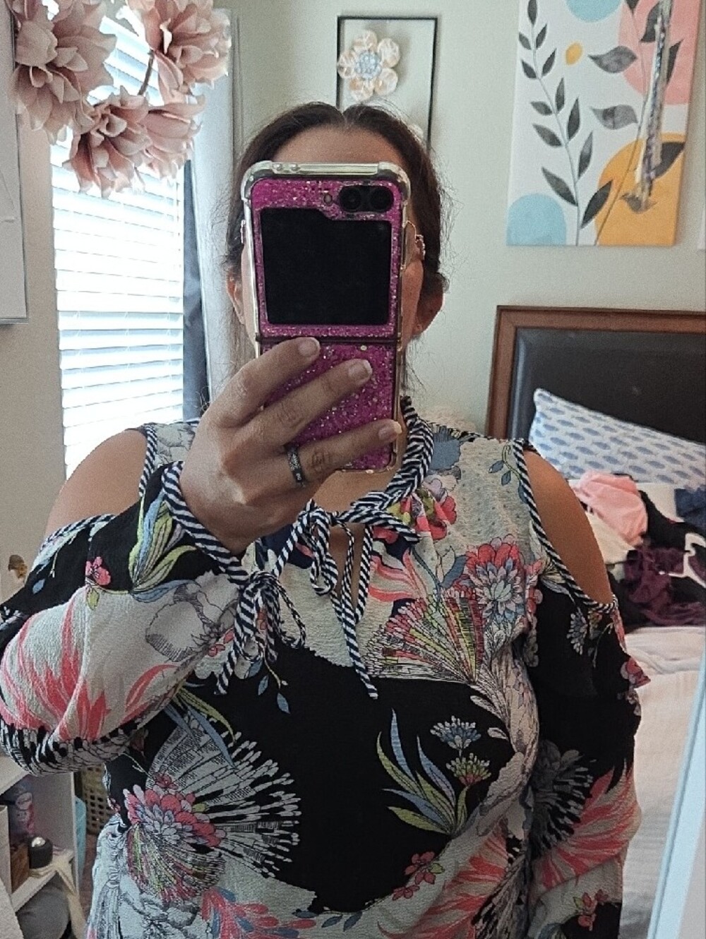Multi Pattern Cold-Shoulder Tie-Neck Camisole with Ruffle Accents - Picture 8 of 9